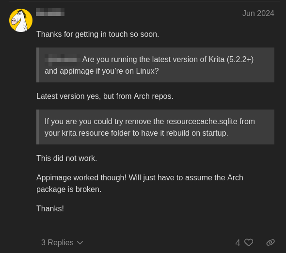 discussion in the forum where the AppImage version of Krita apparently solves the issue
